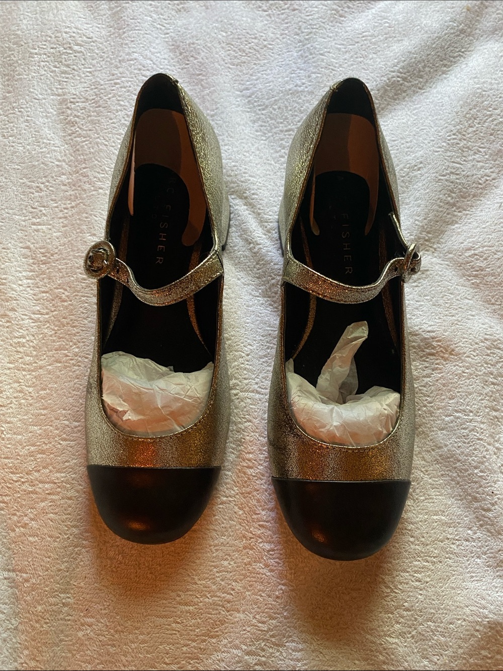Mary Jane leather upper Metallic Gold and Black Flats shoes 6 M